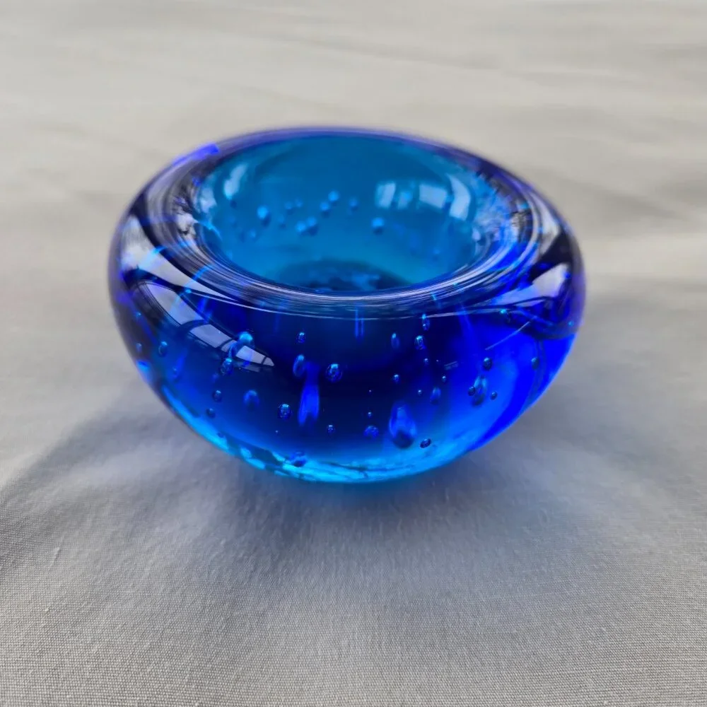 IKEA Hand Blown Blue Controlled Bubble Glass Votive Candle Holder